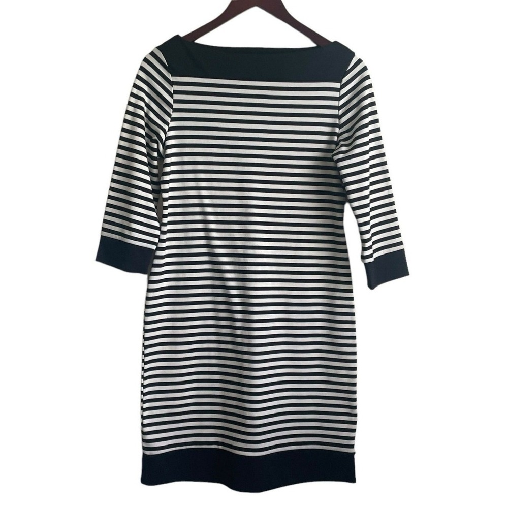 Isaac Mizrahi Women Nautical Preppy Sheath Dress M Black White Striped Boat Neck